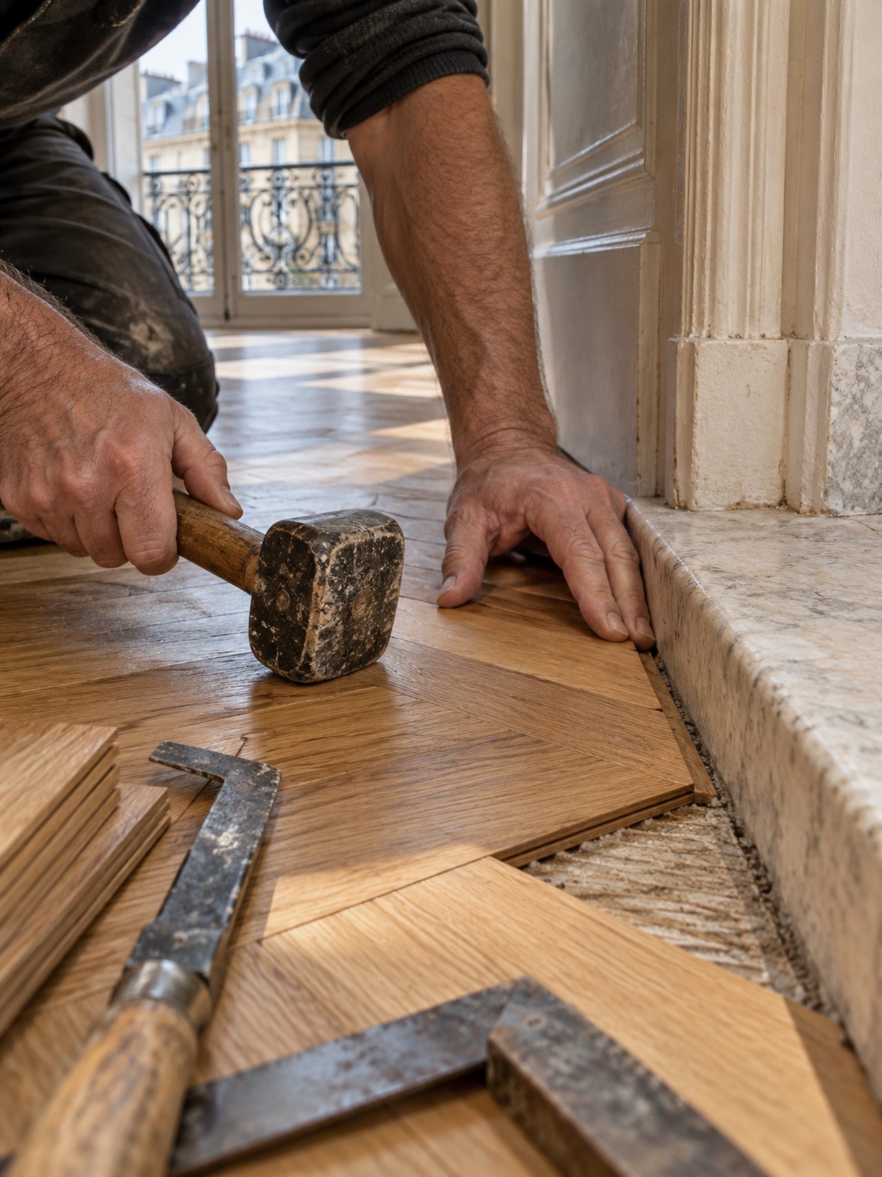 Pose soignée d’un parquet en chêne près d’un seuil en pierre