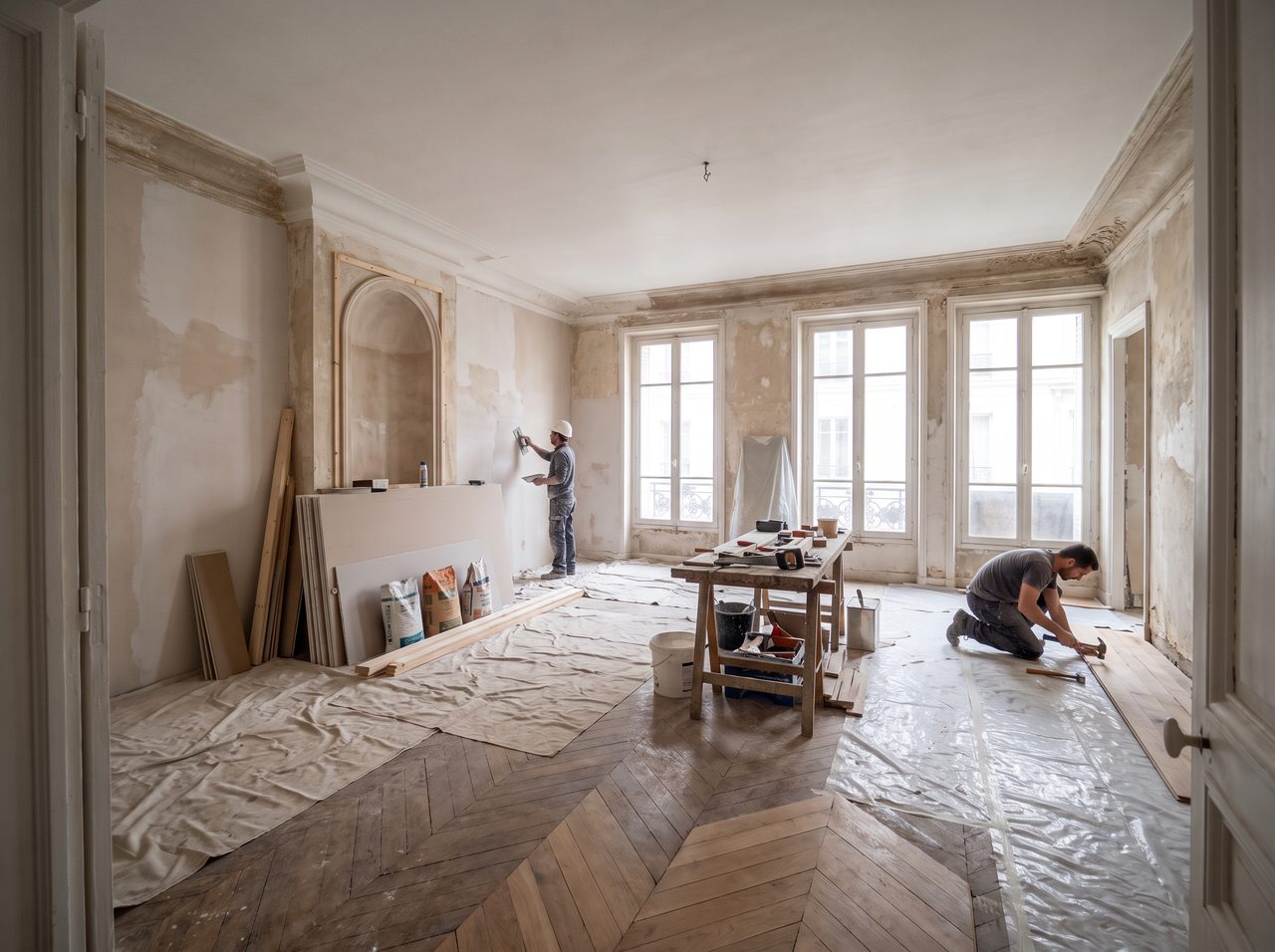 Grande pièce de vie en chantier avec deux artisans au travail, illustration