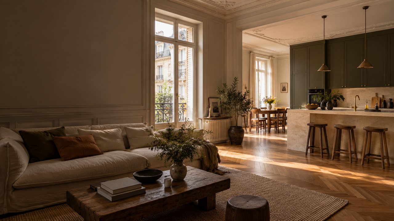 Appartement parisien rénové avec séjour, parquet et cuisine ouverte